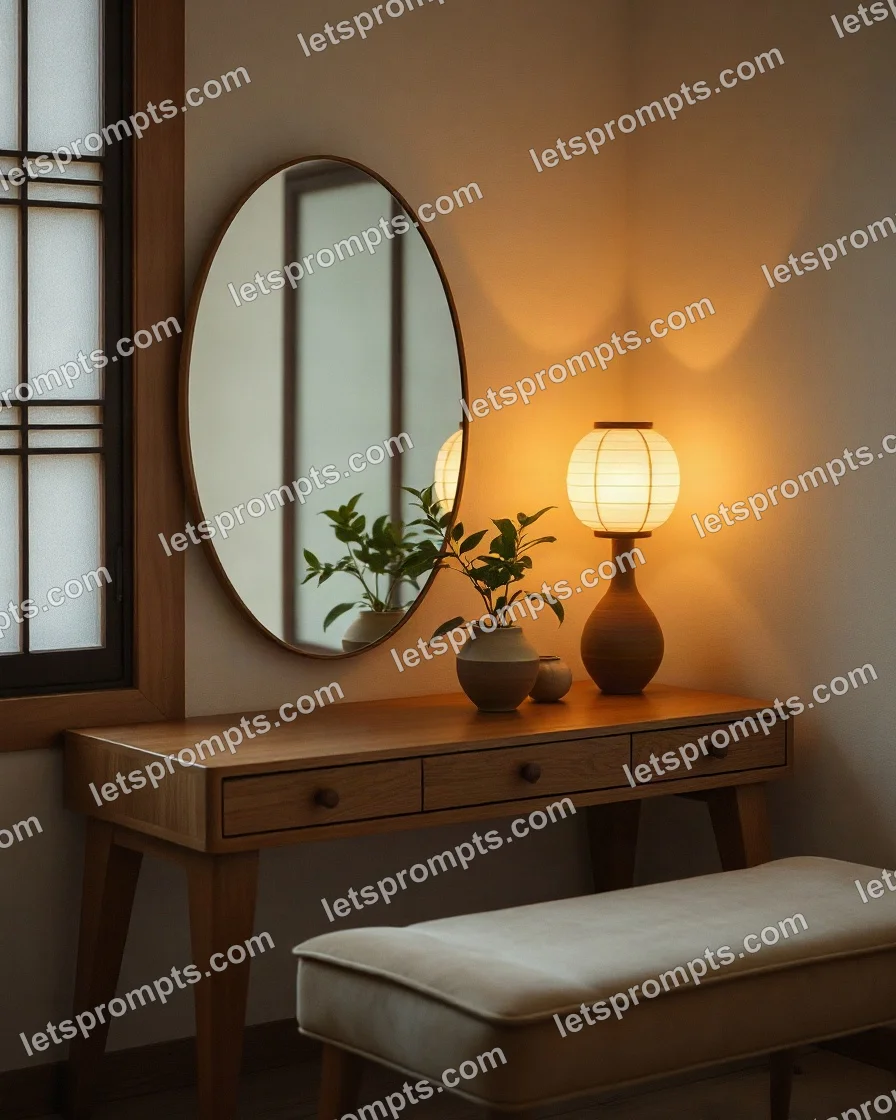 A professional furniture photography prompt: japandi vanity table, calm japandi interior with low horizon lines, a paper lantern and wabi-sabi ceramics. Optimised for GPT Image on a 1:1 canvas.