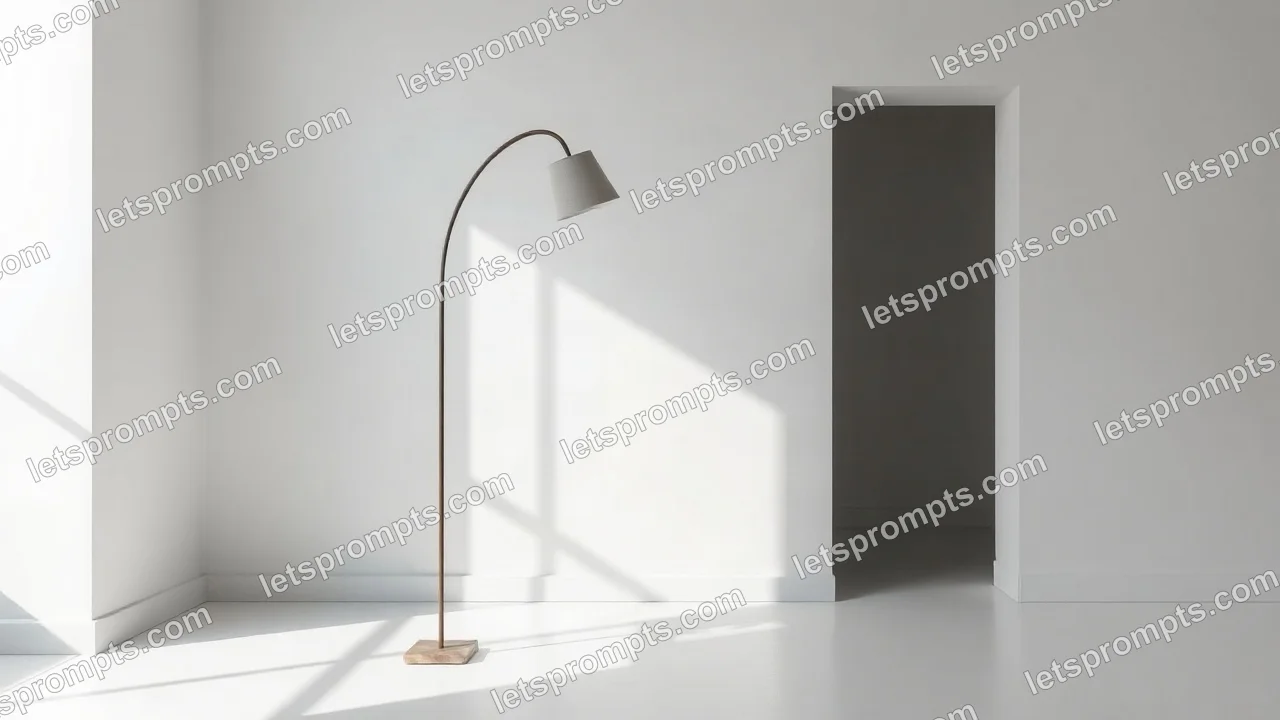Interior Styling AI image prompt for a minimal white arc floor lamp: minimal all-white room with a single sculptural accent. Written for Midjourney v7 on a 16:9 canvas, with lighting, materials, lens, angle and composition direction included.