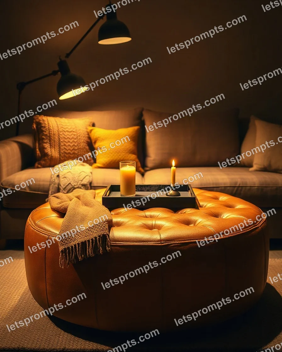 Copy-ready Flux 1.1 Pro prompt for a cozy evening leather ottoman (furniture photography). Cozy evening scene with warm lamp light, a knit throw and a lit candle, with lighting, materials, camera, angle and composition details for a 16:9 image.