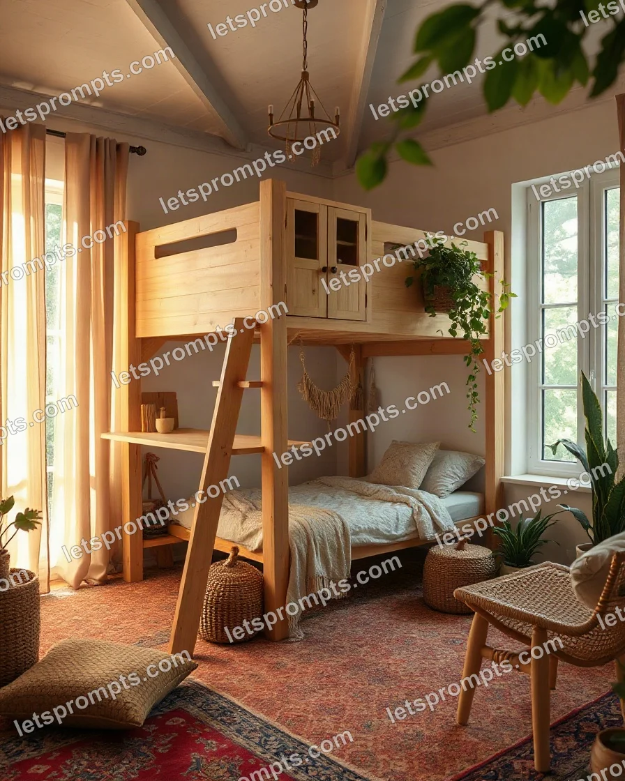Furniture Photography AI image prompt for a bohemian bunk loft bed: bohemian room with layered rugs, plants and macramé. Written for Flux 1.1 Pro on a 4:3 canvas, with lighting, materials, lens, angle and composition direction included.