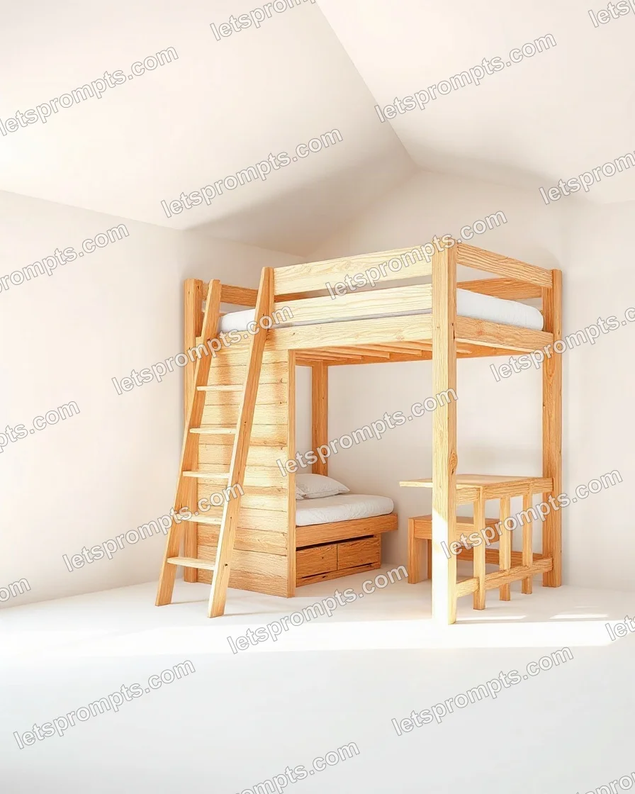 Copy-ready GPT Image prompt for a studio bunk loft bed (commercial). Seamless warm-white studio sweep with a soft grounded shadow, with lighting, materials, camera, angle and composition details for a 4:5 image.