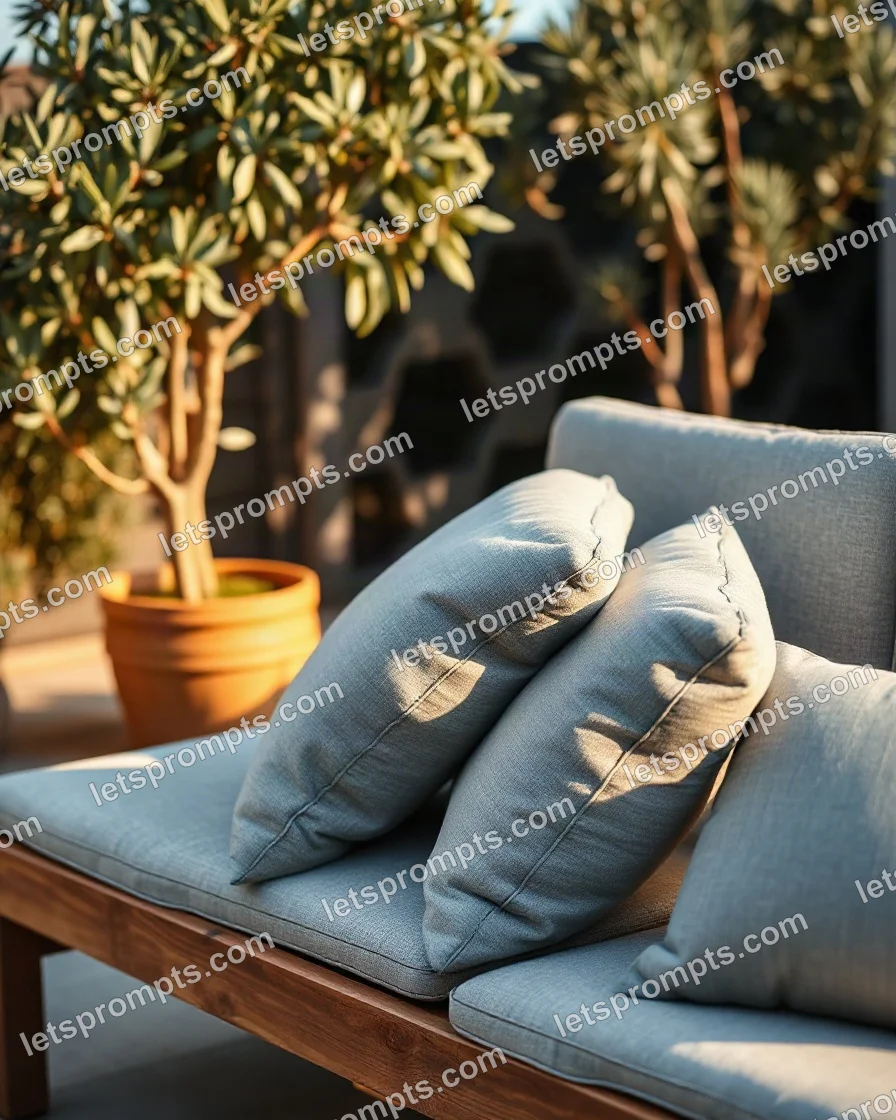 A professional commercial prompt: garden terrace outdoor lounger, garden terrace with potted olive trees and soft late-afternoon light. Optimised for Flux 1.1 Pro on a 16:9 canvas.