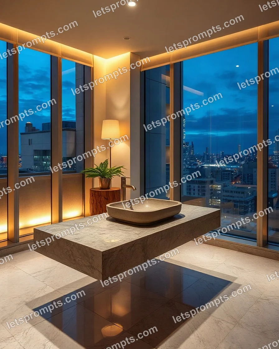 Interior Styling AI image prompt for a luxury penthouse bathroom vanity: luxury penthouse interior with floor-to-ceiling windows and a night skyline. Written for Flux 1.1 Pro on a 4:5 canvas, with lighting, materials, lens, angle and composition direction included.