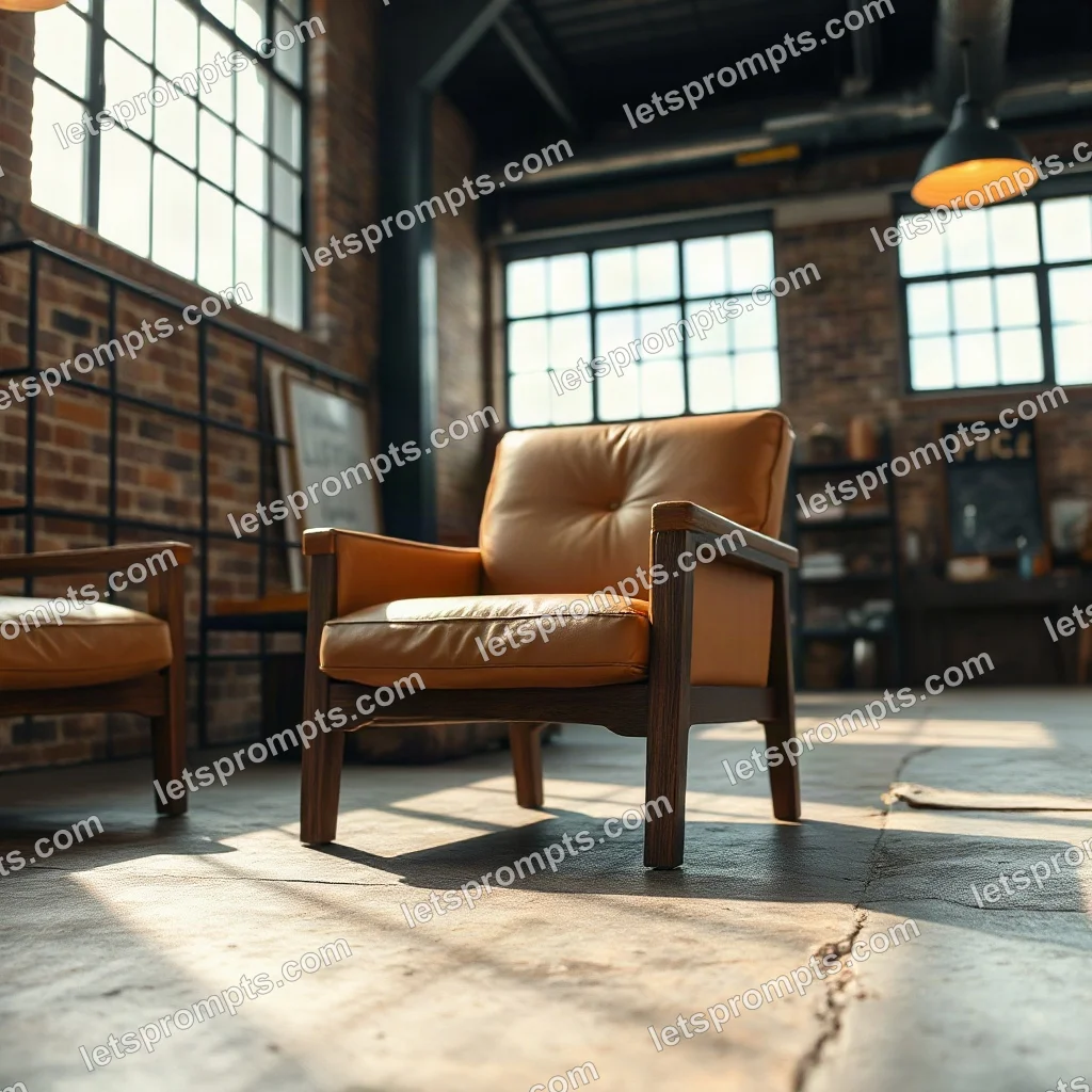 Copy-ready Midjourney v7 prompt for a industrial loft leather armchair (interior styling). Industrial loft with exposed brick, steel windows and a concrete floor, with lighting, materials, camera, angle and composition details for a 1:1 image.
