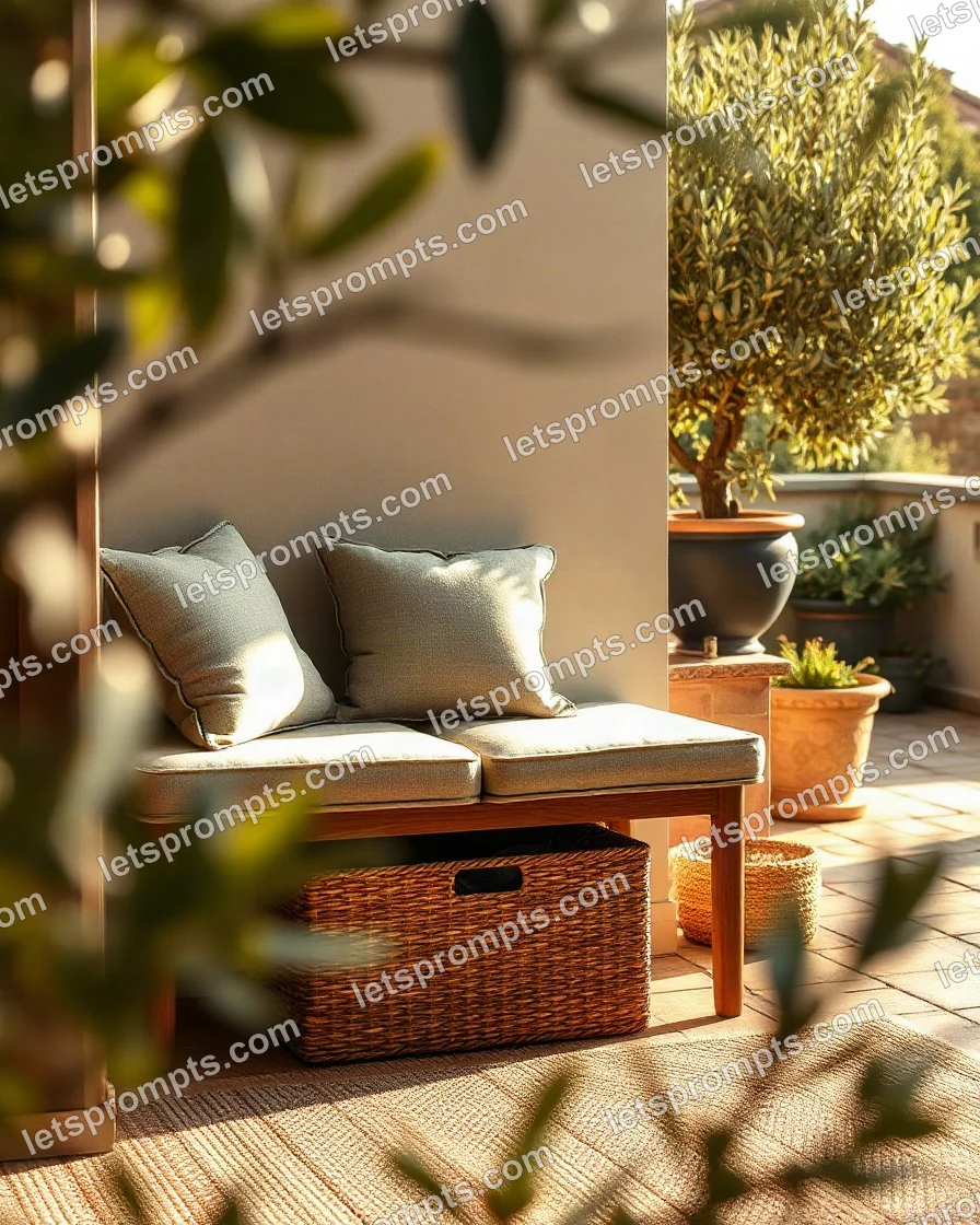 A professional commercial prompt: garden terrace entryway bench, garden terrace with potted olive trees and soft late-afternoon light. Optimised for Flux 1.1 Pro on a 4:5 canvas.