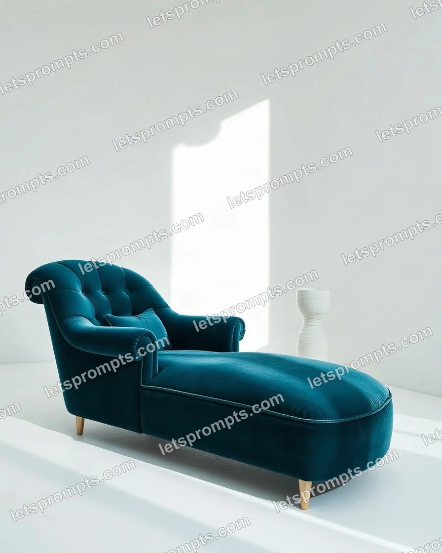 Interior Styling AI image prompt for a minimal white chaise longue: minimal all-white room with a single sculptural accent. Written for GPT Image on a 16:9 canvas, with lighting, materials, lens, angle and composition direction included.