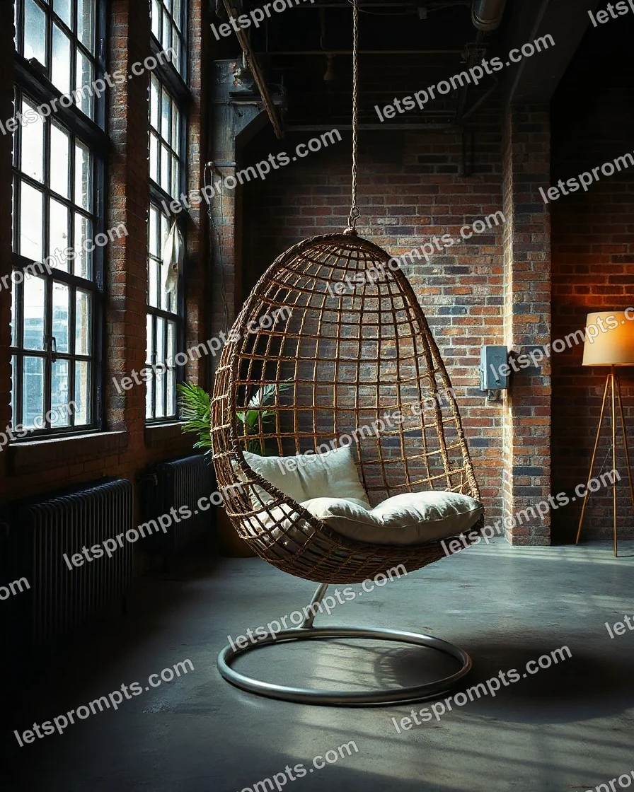 Copy-ready Flux 1.1 Pro prompt for a industrial loft hanging egg chair (furniture photography). Industrial loft with exposed brick, steel windows and a concrete floor, with lighting, materials, camera, angle and composition details for a 1:1 image.