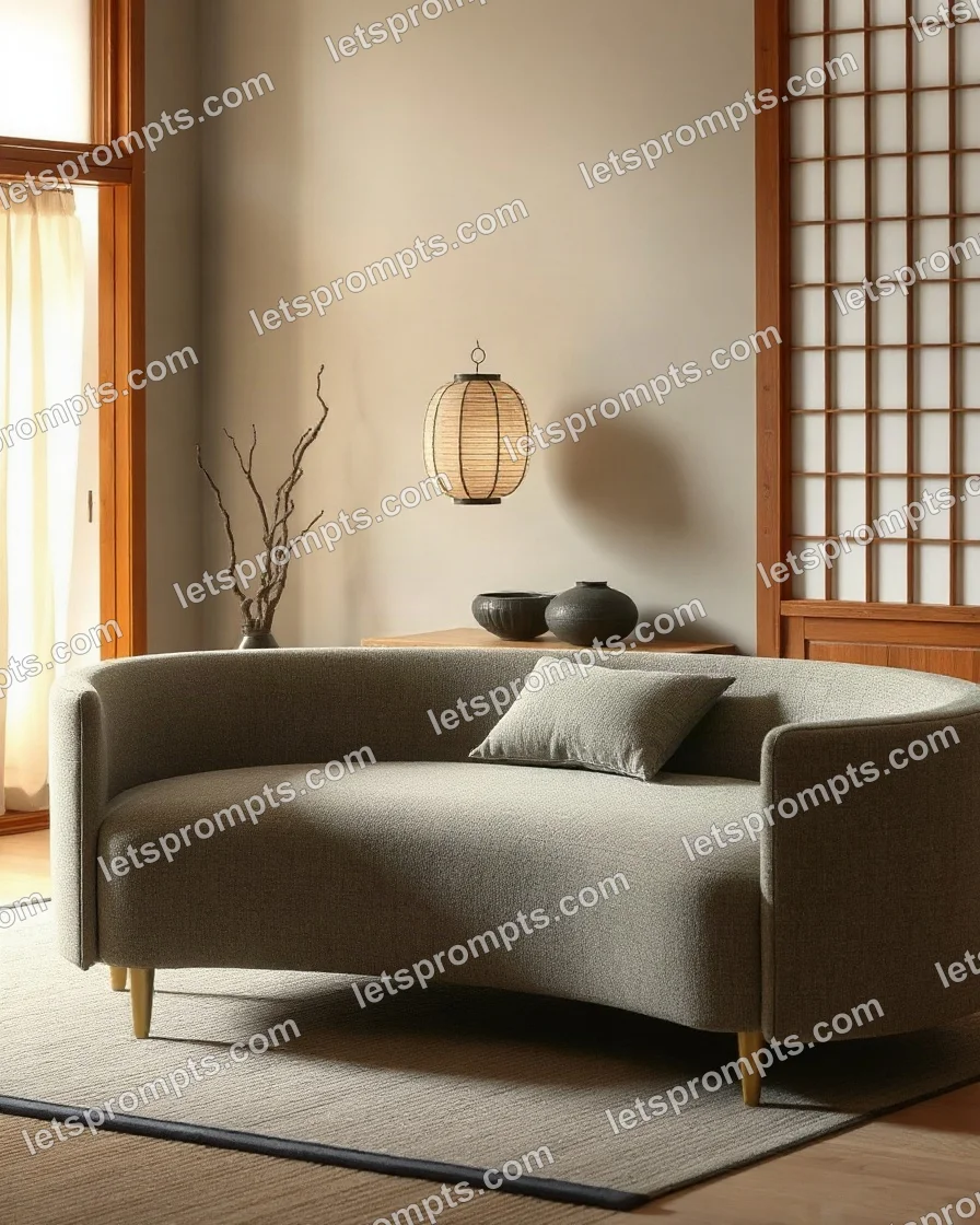 A professional furniture photography prompt: japandi boucle sofa, calm japandi interior with low horizon lines, a paper lantern and wabi-sabi ceramics. Optimised for GPT Image on a 4:3 canvas.