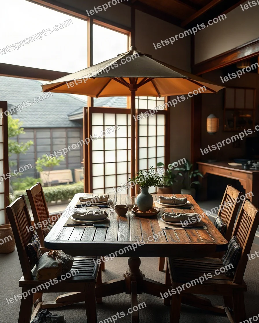 Furniture Photography AI image prompt for a japandi patio dining set: calm japandi interior with low horizon lines, a paper lantern and wabi-sabi ceramics. Written for GPT Image on a 4:3 canvas, with lighting, materials, lens, angle and composition direction included.