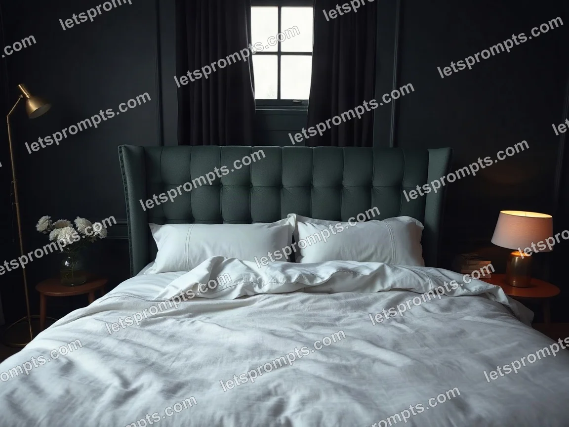 Copy-ready Midjourney v7 prompt for a dark moody velvet bed (commercial). Dark moody room with deep green walls and low-key lighting, with lighting, materials, camera, angle and composition details for a 4:3 image.