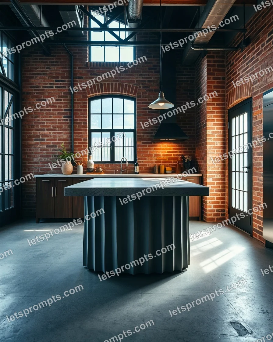 A professional commercial prompt: industrial loft kitchen island, industrial loft with exposed brick, steel windows and a concrete floor. Optimised for Flux 1.1 Pro on a 4:3 canvas.