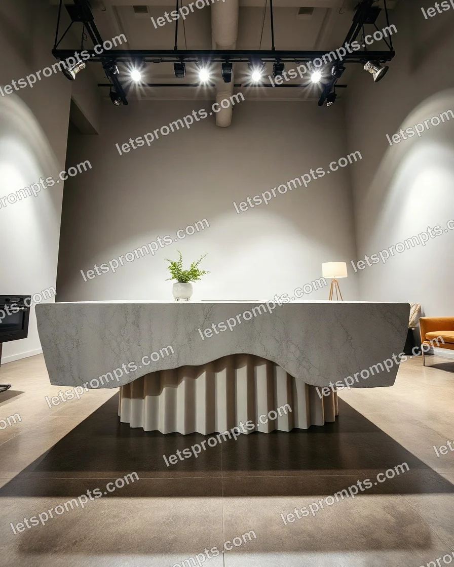 Interior Styling AI image prompt for a showroom kitchen island: clean furniture showroom with spotlights and a polished concrete floor. Written for Stable Diffusion XL on a 16:9 canvas, with lighting, materials, lens, angle and composition direction included.
