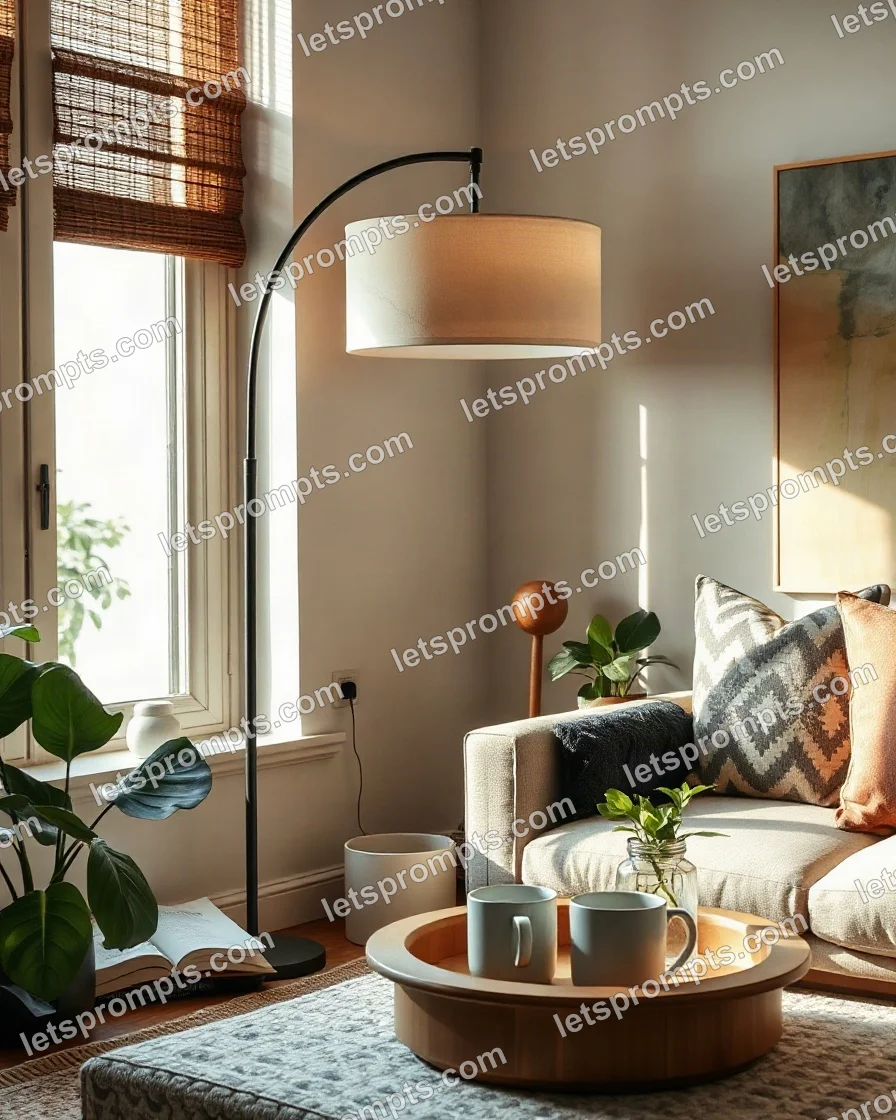 Copy-ready GPT Image prompt for a lifestyle catalog arc floor lamp (interior styling). Styled lifestyle catalog scene with books, plants and a coffee tray, with lighting, materials, camera, angle and composition details for a 1:1 image.