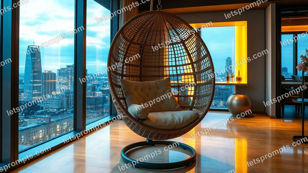 A professional commercial prompt: luxury penthouse hanging egg chair, luxury penthouse interior with floor-to-ceiling windows and a night skyline. Optimised for Midjourney v7 on a 16:9 canvas.