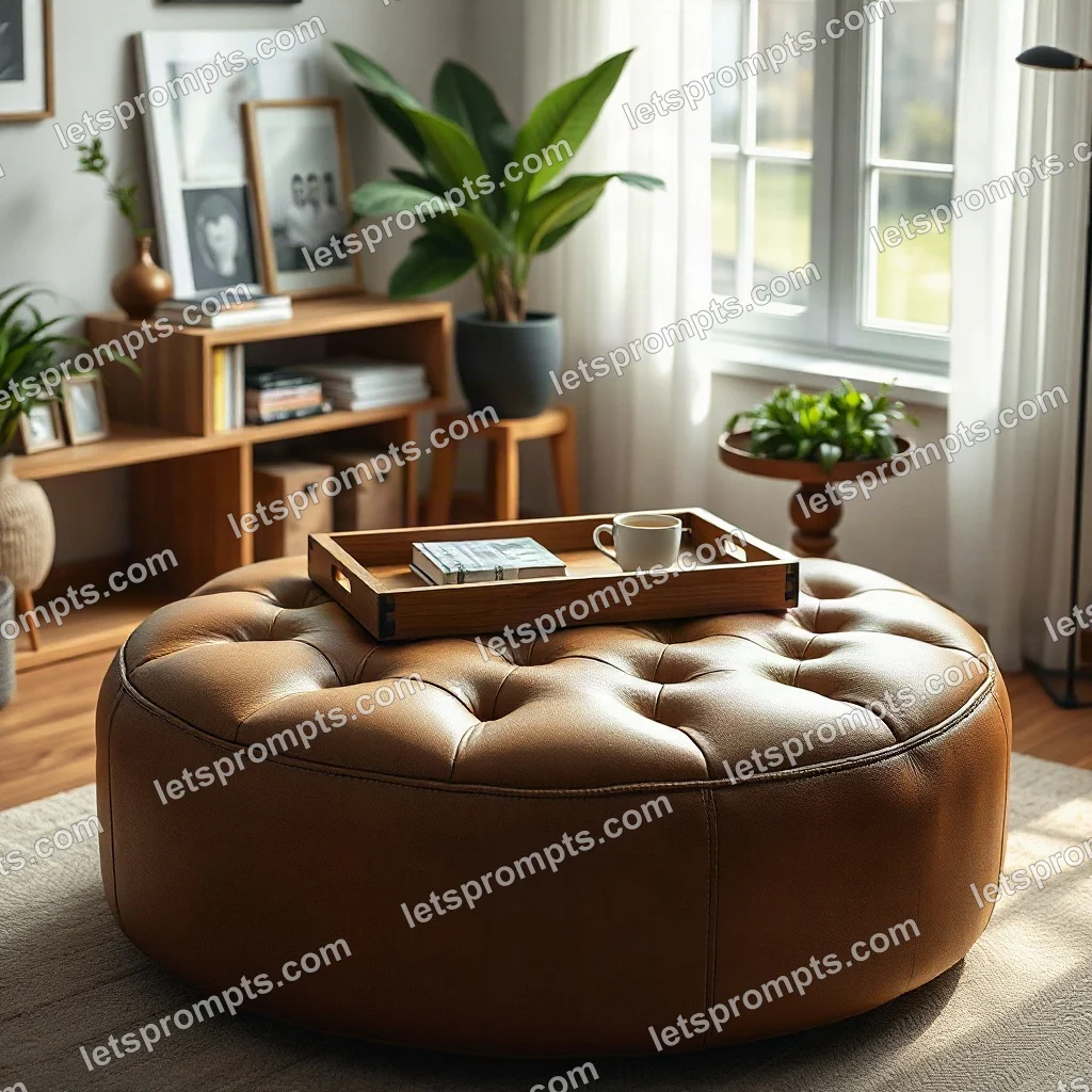 Commercial AI image prompt for a lifestyle catalog leather ottoman: styled lifestyle catalog scene with books, plants and a coffee tray. Written for Midjourney v7 on a 1:1 canvas, with lighting, materials, lens, angle and composition direction included.