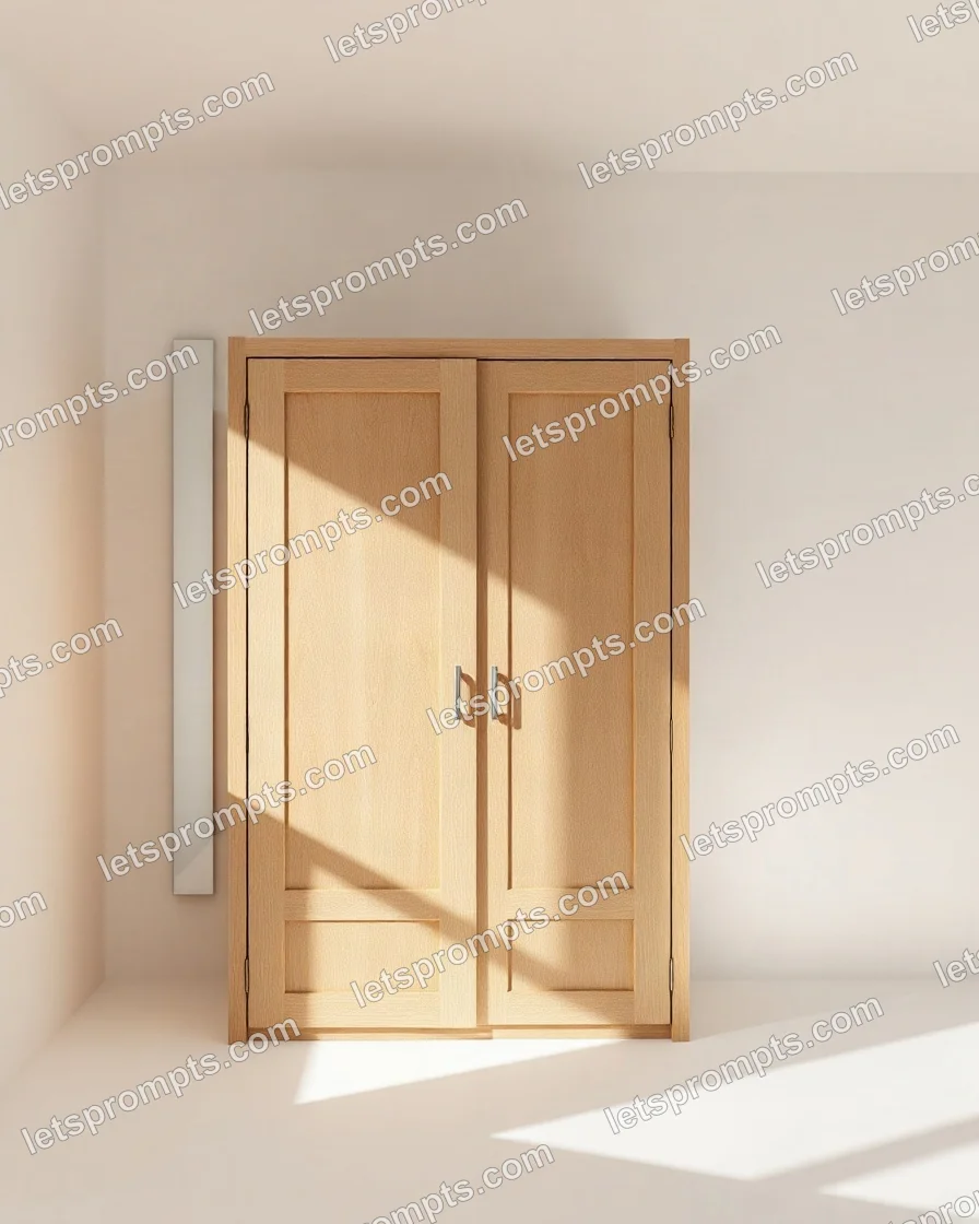 Copy-ready Flux 1.1 Pro prompt for a studio fluted wardrobe (furniture photography). Seamless warm-white studio sweep with a soft grounded shadow, with lighting, materials, camera, angle and composition details for a 1:1 image.