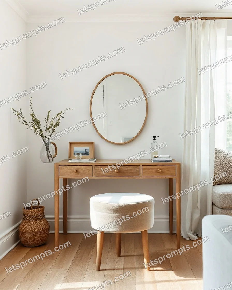 A professional interior styling prompt: scandinavian living room vanity table, bright Scandinavian living room with pale oak floors and linen curtains. Optimised for GPT Image on a 4:5 canvas.
