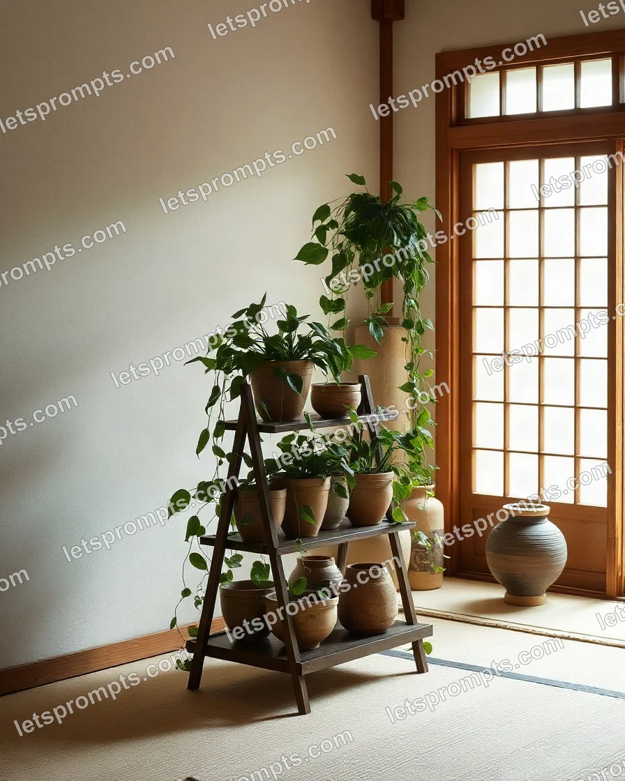 Commercial AI image prompt for a japandi plant stand: calm japandi interior with low horizon lines, a paper lantern and wabi-sabi ceramics. Written for Flux 1.1 Pro on a 4:3 canvas, with lighting, materials, lens, angle and composition direction included.