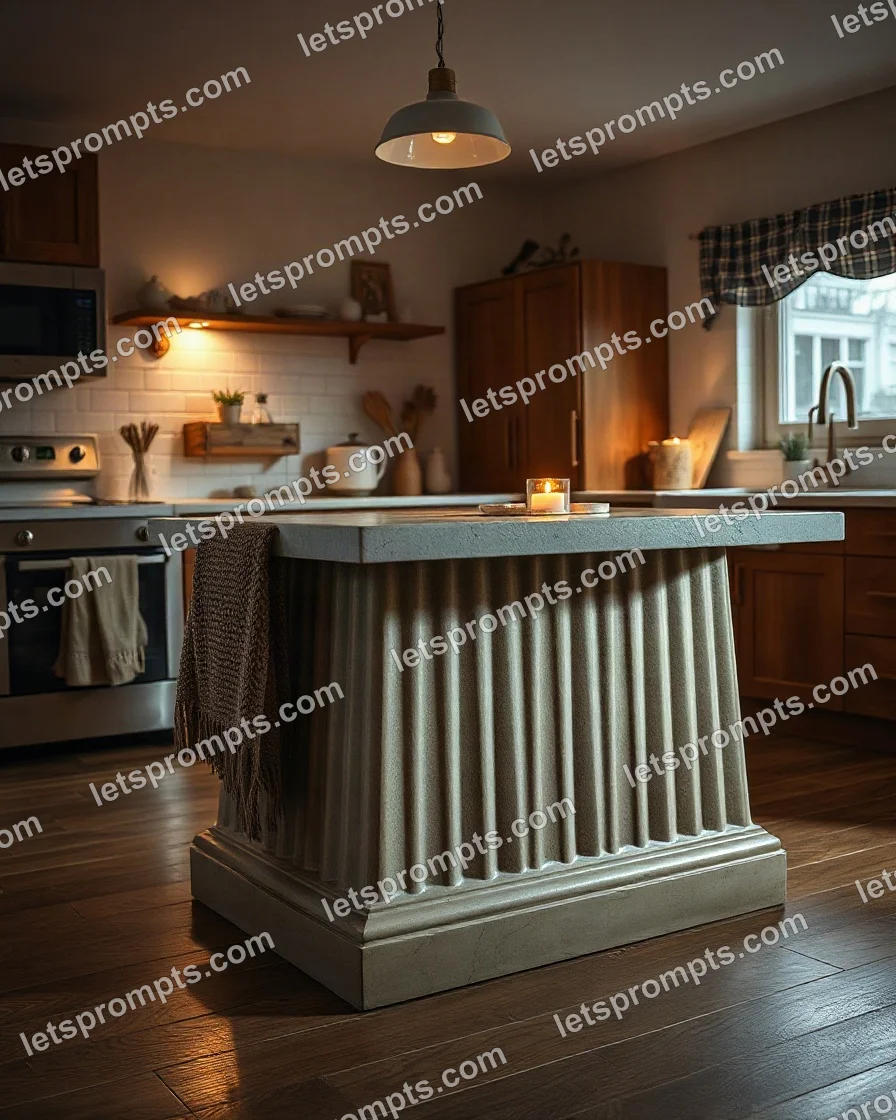 Copy-ready GPT Image prompt for a cozy evening kitchen island (furniture photography). Cozy evening scene with warm lamp light, a knit throw and a lit candle, with lighting, materials, camera, angle and composition details for a 1:1 image.