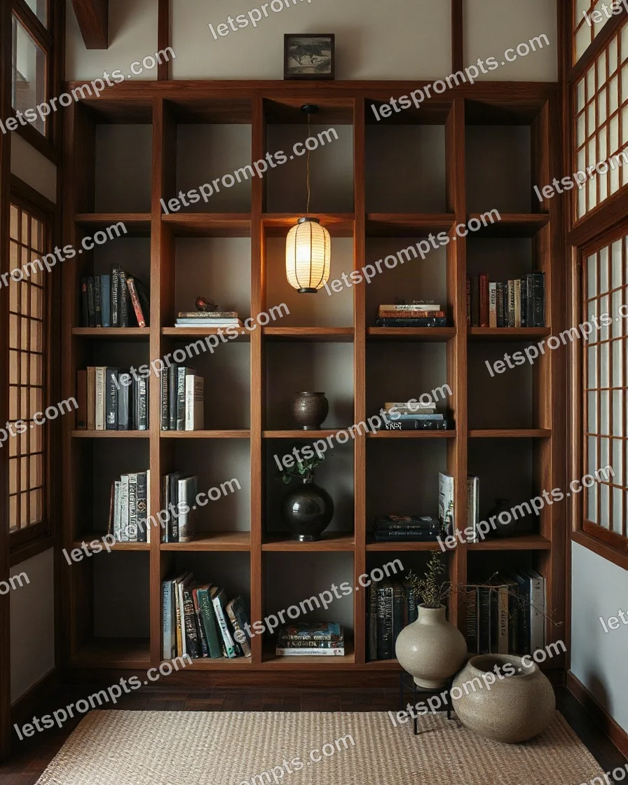 Japandi Walnut Bookshelf — AI image prompt sample
