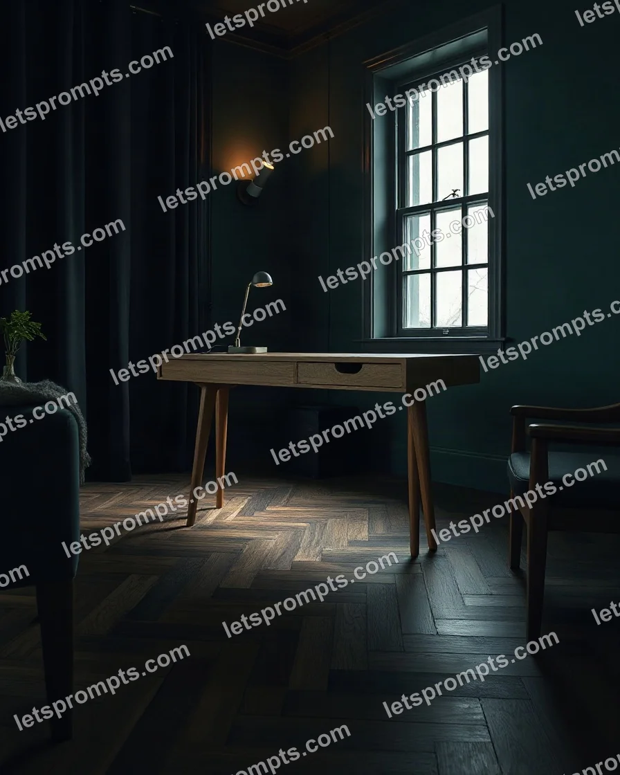 Dark Moody Writing Desk — AI image prompt sample
