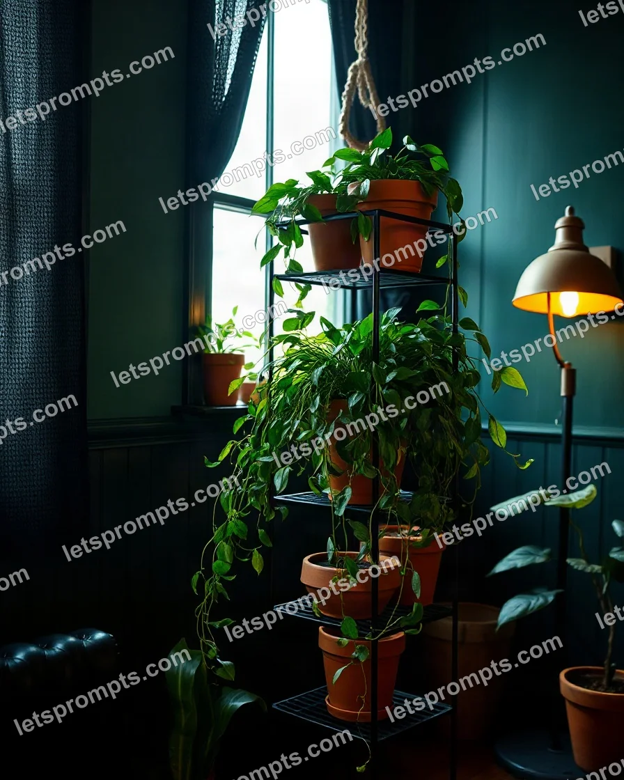 Dark Moody Plant Stand — AI image prompt sample