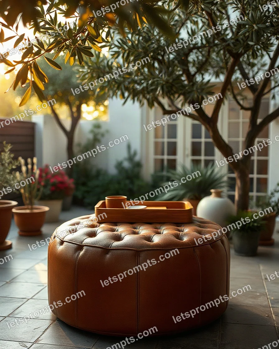 Garden Terrace Leather Ottoman — AI image prompt sample