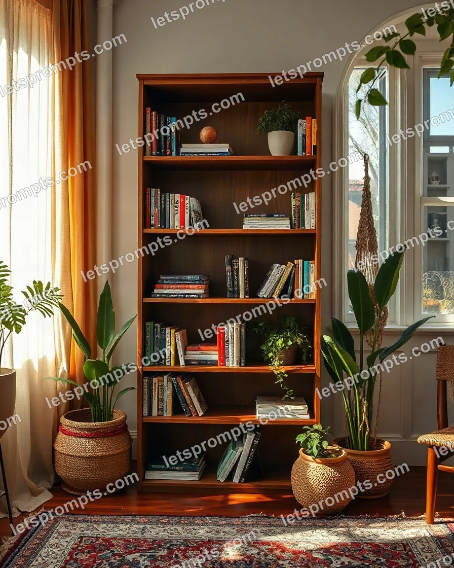Bohemian Walnut Bookshelf — AI image prompt sample