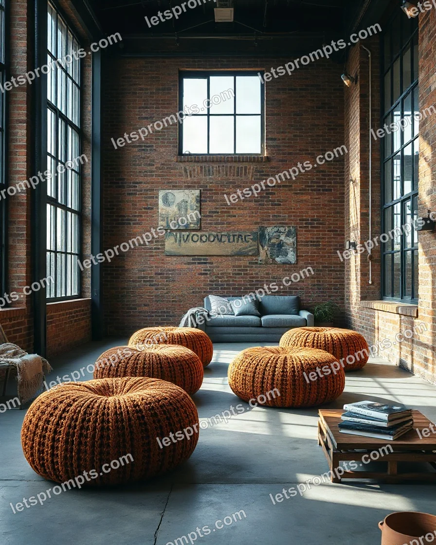 Industrial Loft Knitted Poufs — AI image prompt sample