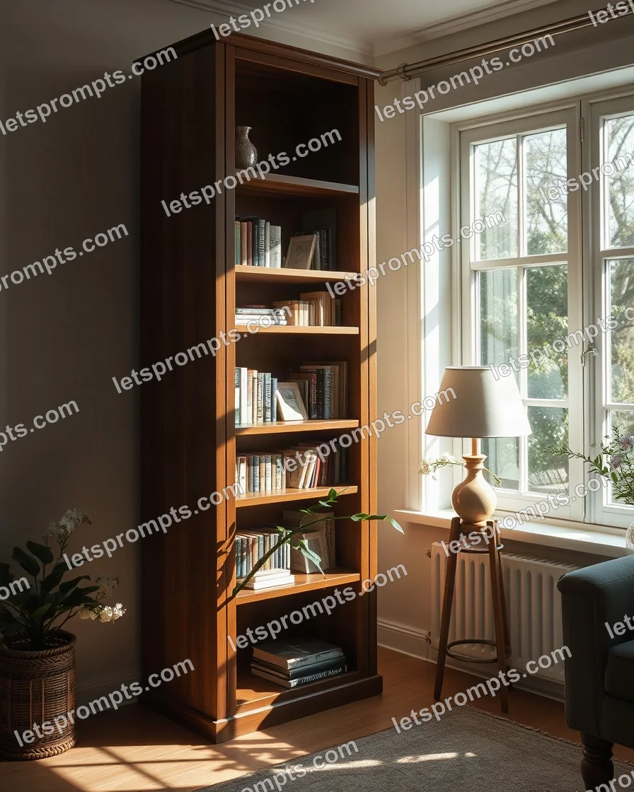 Sunlit Morning Walnut Bookshelf — AI image prompt sample