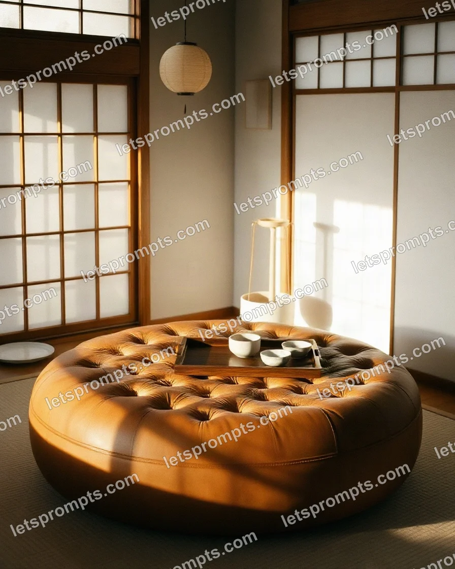 Japandi Leather Ottoman — AI image prompt sample