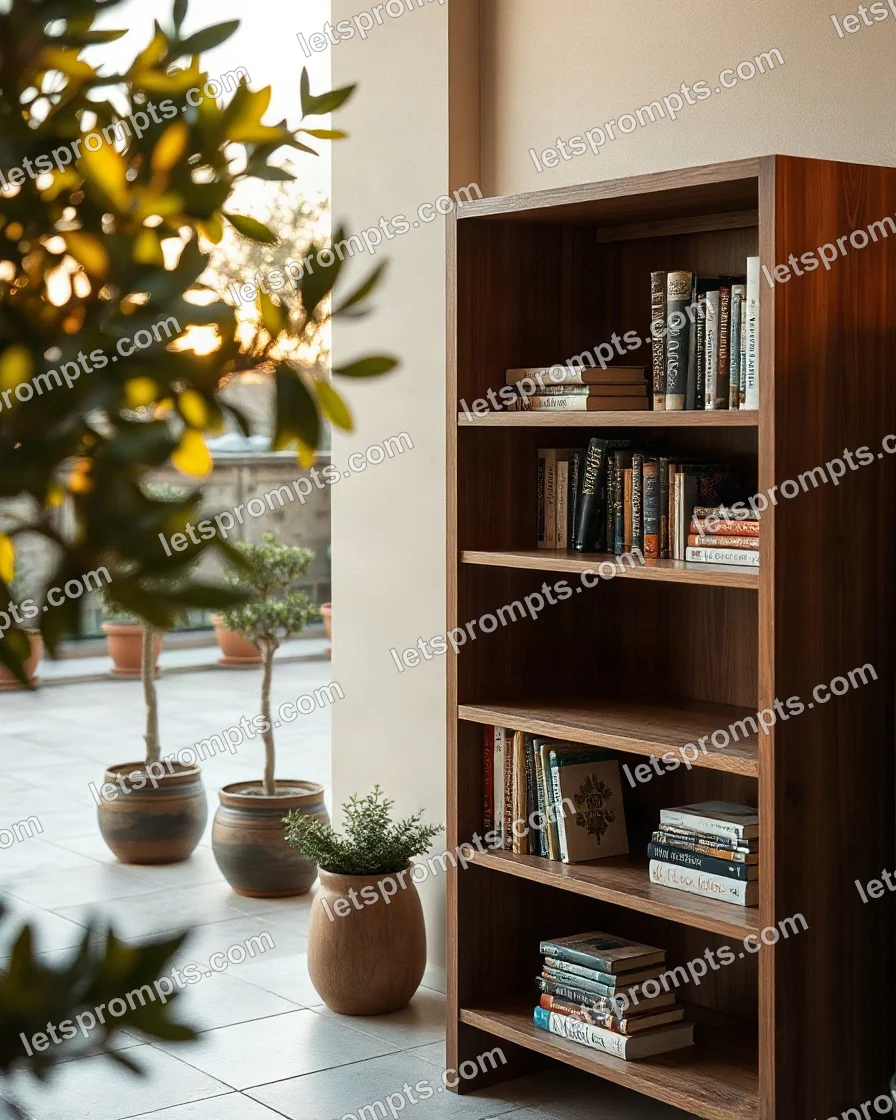 Garden Terrace Walnut Bookshelf — AI image prompt sample