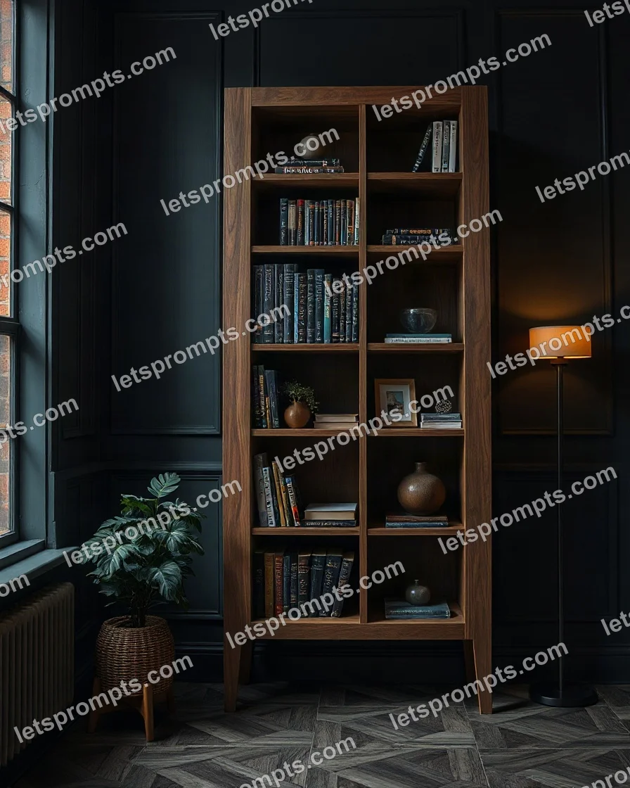 Dark Moody Walnut Bookshelf — AI image prompt sample