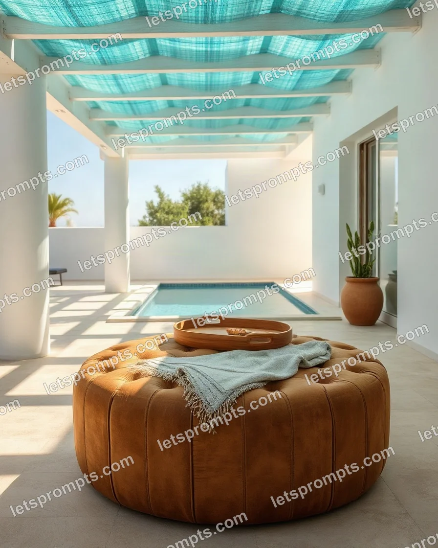 Poolside Villa Leather Ottoman — AI image prompt sample