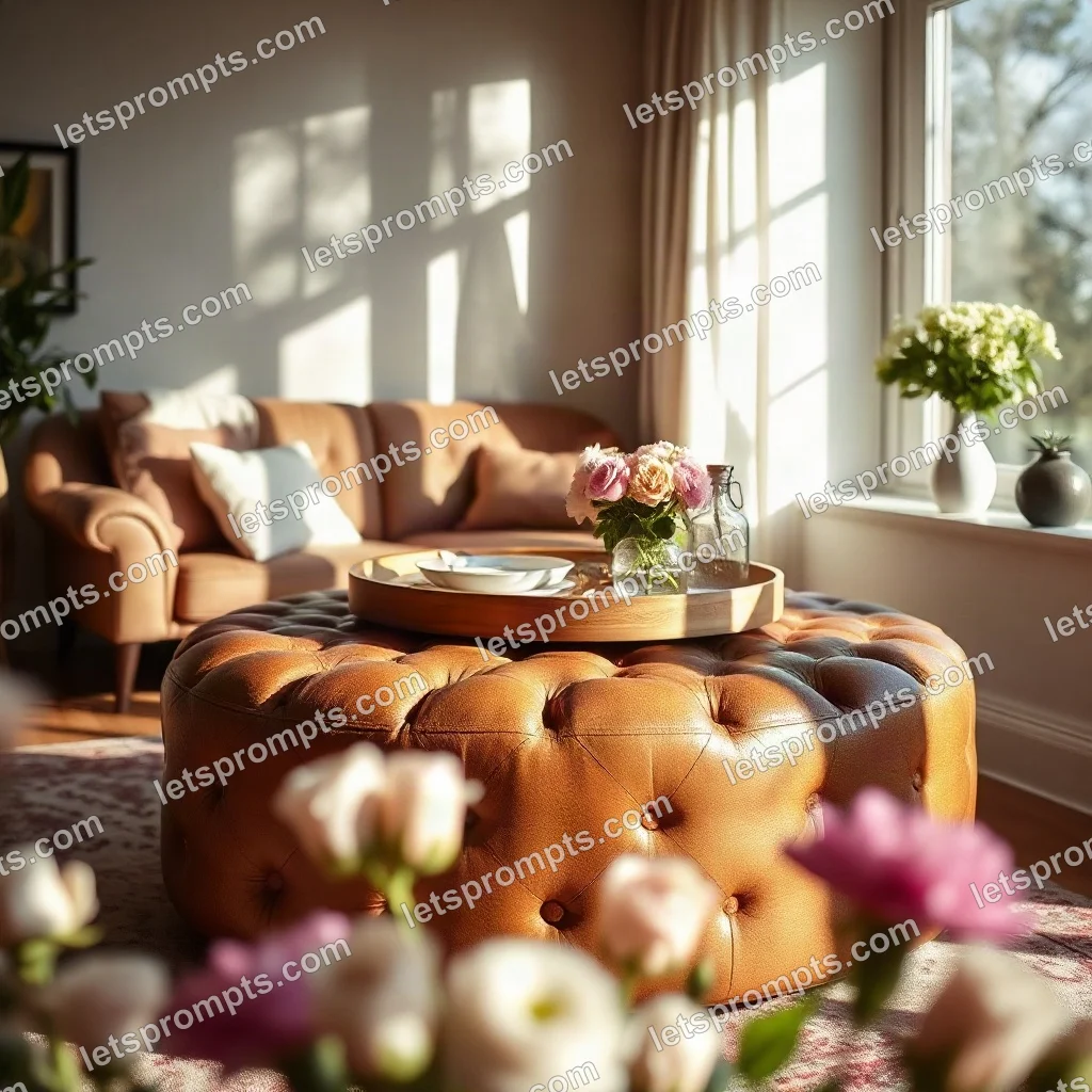 Sunlit Morning Leather Ottoman — AI image prompt sample