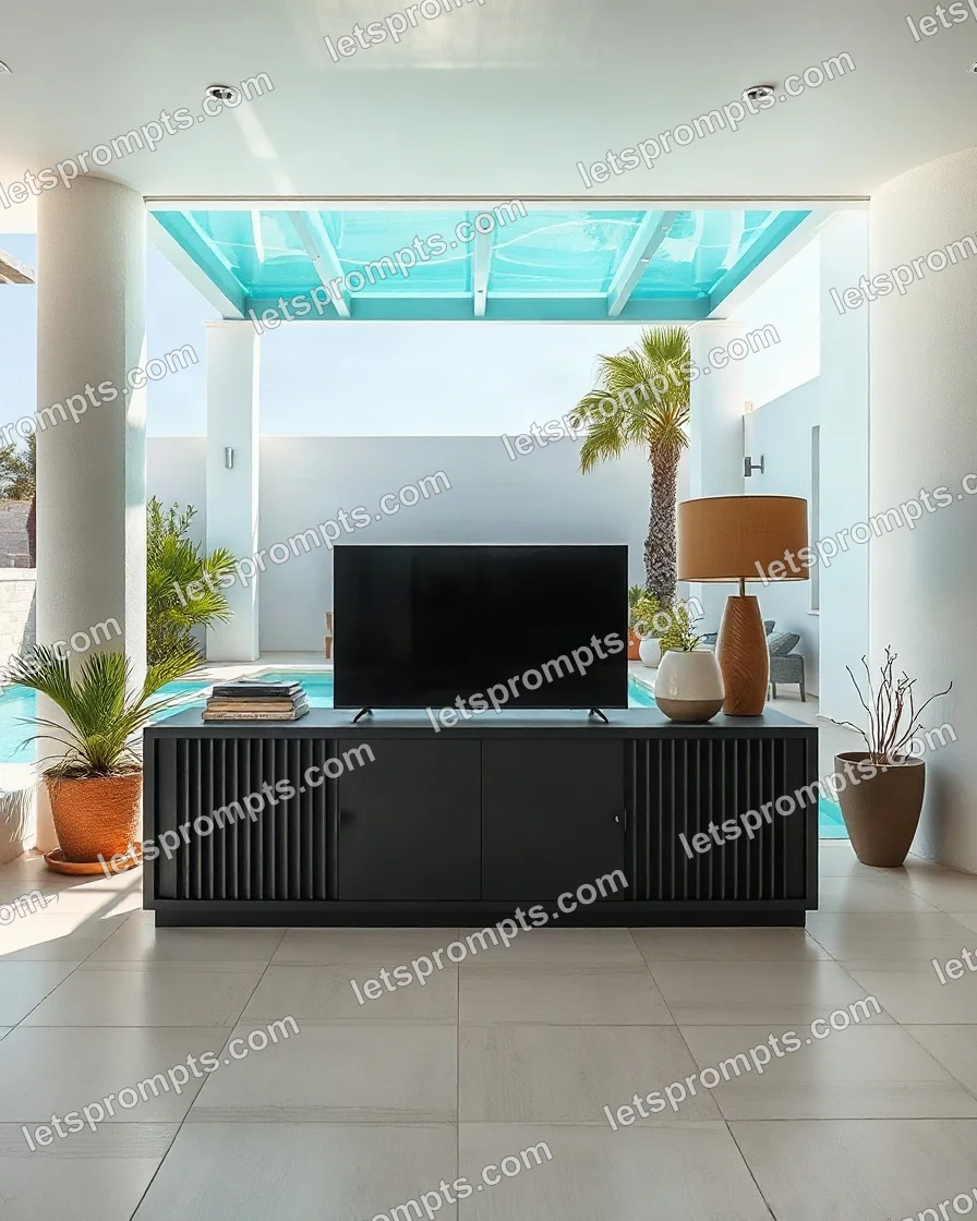 Poolside Villa Media Console — AI image prompt sample