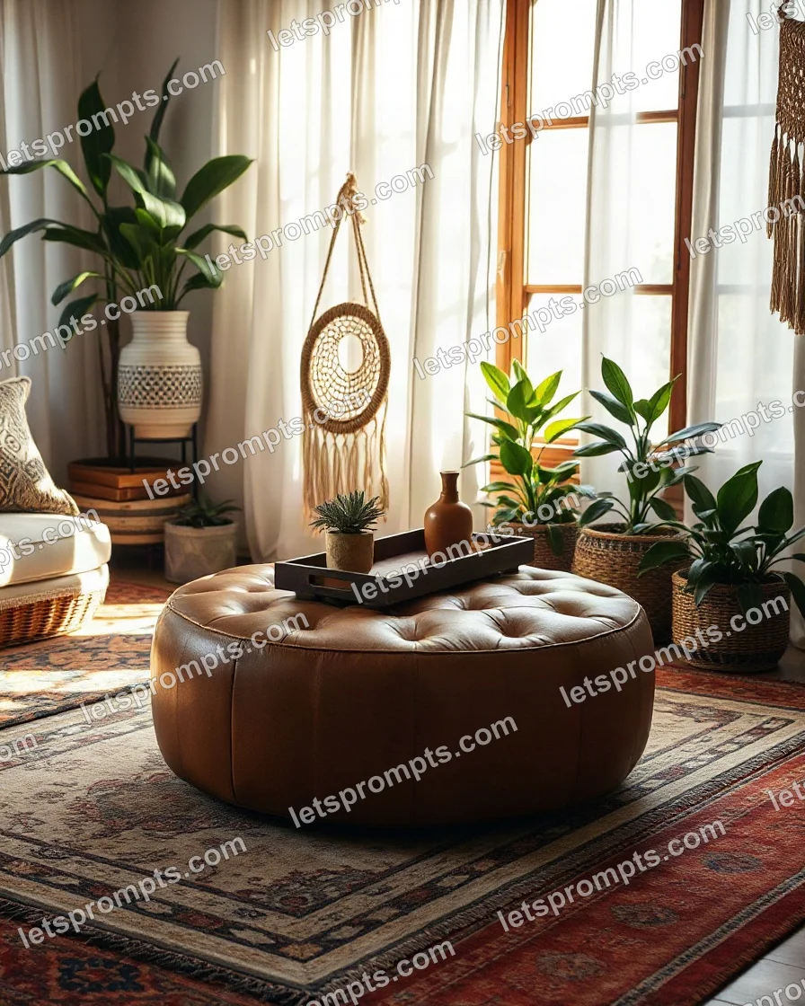 Bohemian Leather Ottoman — AI image prompt sample
