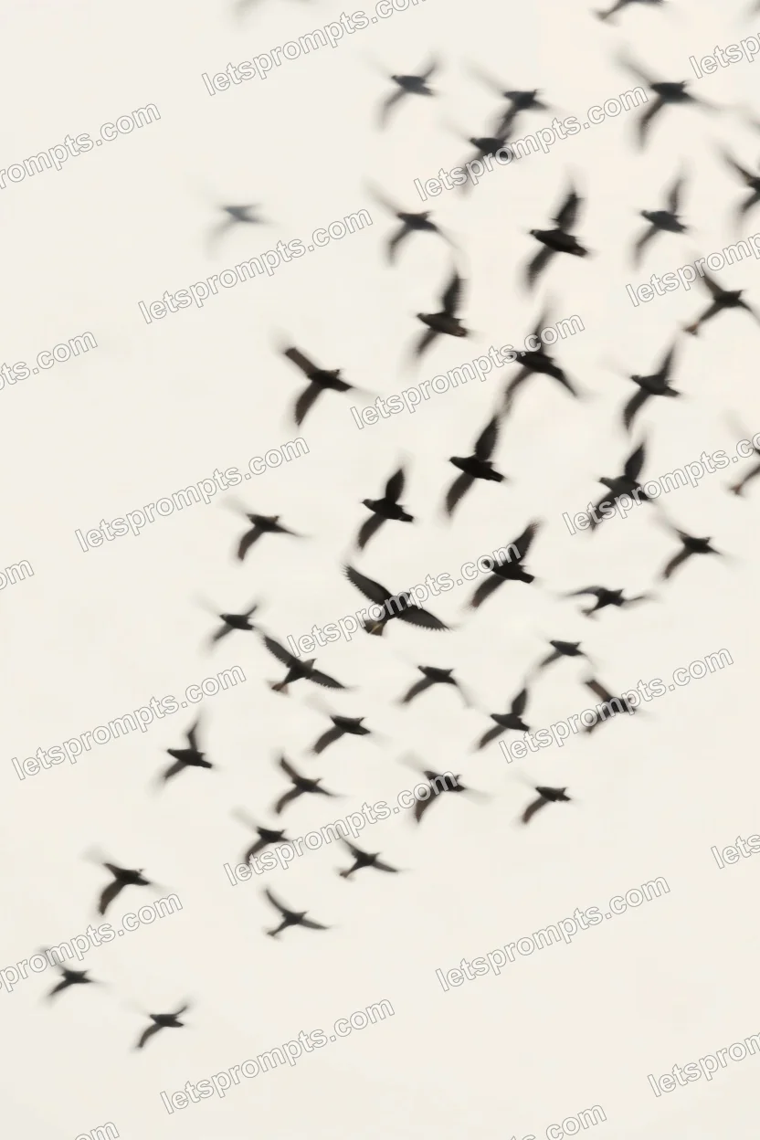 Conceptual Art AI image prompt for a speed blur sweep birds in flight: long-exposure motion blur of a single black sweeping brush arc with feathered speed streaks on a pale ground. Written for Midjourney v7 on a 2:3 canvas, with lighting, materials, lens, angle and composition direction included.