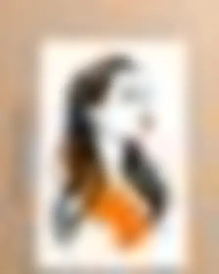 Digital Painting AI image prompt for a scribble brushstroke woman in profile: one big ochre-orange brushstroke combined with a loose black ink scribble line and splatter on white paper. Written for Stable Diffusion XL on a 4:5 canvas, with lighting, materials, lens, angle and composition direction included.
