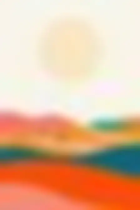 A professional fine art prompt: cut-paper collage desert dunes, bold cut-paper collage with large flat expressive shapes in cobalt, orange, pink and green with thin outlines. Optimised for Midjourney v7 on a 2:3 canvas.
