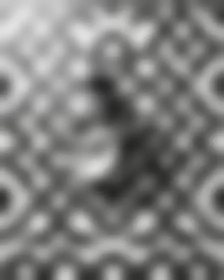 Copy-ready Imagen 4 prompt for a quarter-circle tile pattern oud player (fine art). Monochrome black on off-white repeating tile pattern of interlocking quarter circles and half circles in a tight grid, with lighting, materials, camera, angle and composition details for a 4:5 image.
