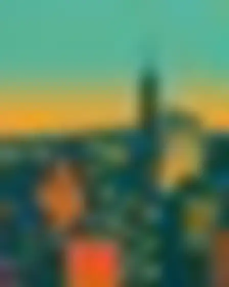 A professional digital painting prompt: vintage gouache poster city skyline, vintage travel-poster illustration in flat gouache with simplified stylised shapes in teal, orange, mustard and olive, and fine paper grain. Optimised for Flux 1.1 Pro on a 4:5 canvas.