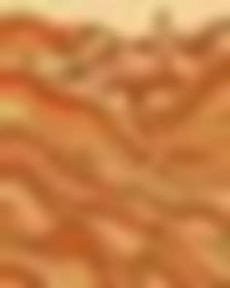 Fine Art AI image prompt for a woodgrain waves hillside village: flowing 1970s wood-grain wave lines in rust, cream, sage and brown forming layered arches and ripples like inlaid veneer. Written for Imagen 4 on a 4:3 canvas, with lighting, materials, lens, angle and composition direction included.