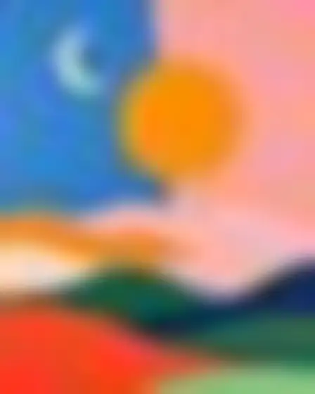 A professional editorial illustration prompt: cut-paper collage sun and moon, bold cut-paper collage with large flat expressive shapes in cobalt, orange, pink and green with thin outlines. Optimised for Imagen 4 on a 4:3 canvas.