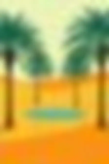Digital Painting AI image prompt for a vintage gouache poster palm oasis: vintage travel-poster illustration in flat gouache with simplified stylised shapes in teal, orange, mustard and olive, and fine paper grain. Written for Midjourney v7 on a 2:3 canvas, with lighting, materials, lens, angle and composition direction included.