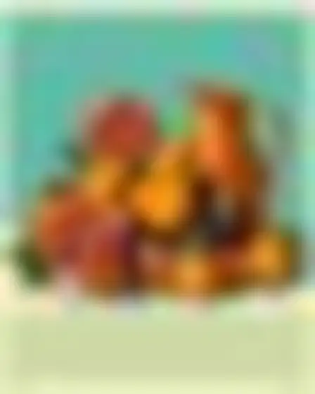 Copy-ready Stable Diffusion XL prompt for a vintage gouache poster fruit still life (fine art). Vintage travel-poster illustration in flat gouache with simplified stylised shapes in teal, orange, mustard and olive, and fine paper grain, with lighting, materials, camera, angle and composition details for a 2:3 image.