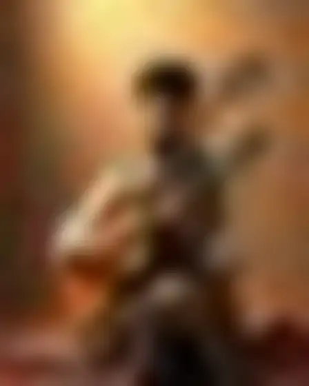 A professional digital painting prompt: islamic geometric oud player, Islamic geometric art with interlaced star patterns, arabesque ornament and gilded calligraphic accents. Optimised for Stable Diffusion XL on a 1:1 canvas.