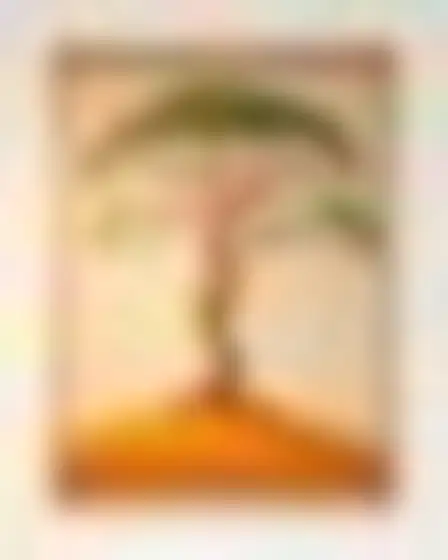 Copy-ready Stable Diffusion XL prompt for a papyrus lone tree (digital painting). Ancient Egyptian papyrus painting with flat profile figures, hieroglyph borders and ochre, turquoise and gold pigments, with lighting, materials, camera, angle and composition details for a 4:3 image.