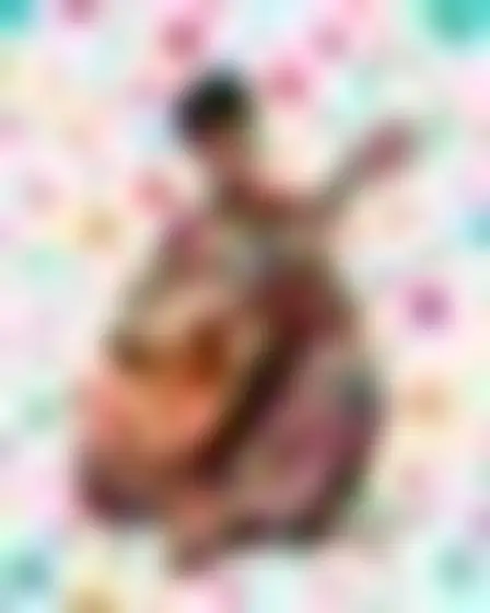 Copy-ready Flux 1.1 Pro prompt for a memphis doodle pattern oud player (fine art). Playful Memphis-style pattern of squiggles, dots, flowers and confetti shapes in bright pink, blue, green and orange on white, with lighting, materials, camera, angle and composition details for a 4:3 image.