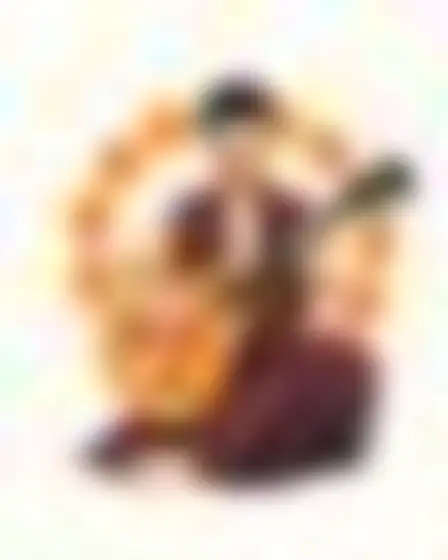 A professional digital painting prompt: retro organic blobs oud player, flat retro pattern of smooth interlocking organic blob shapes in saturated orange on cream with crisp vector edges. Optimised for Flux 1.1 Pro on a 1:1 canvas.
